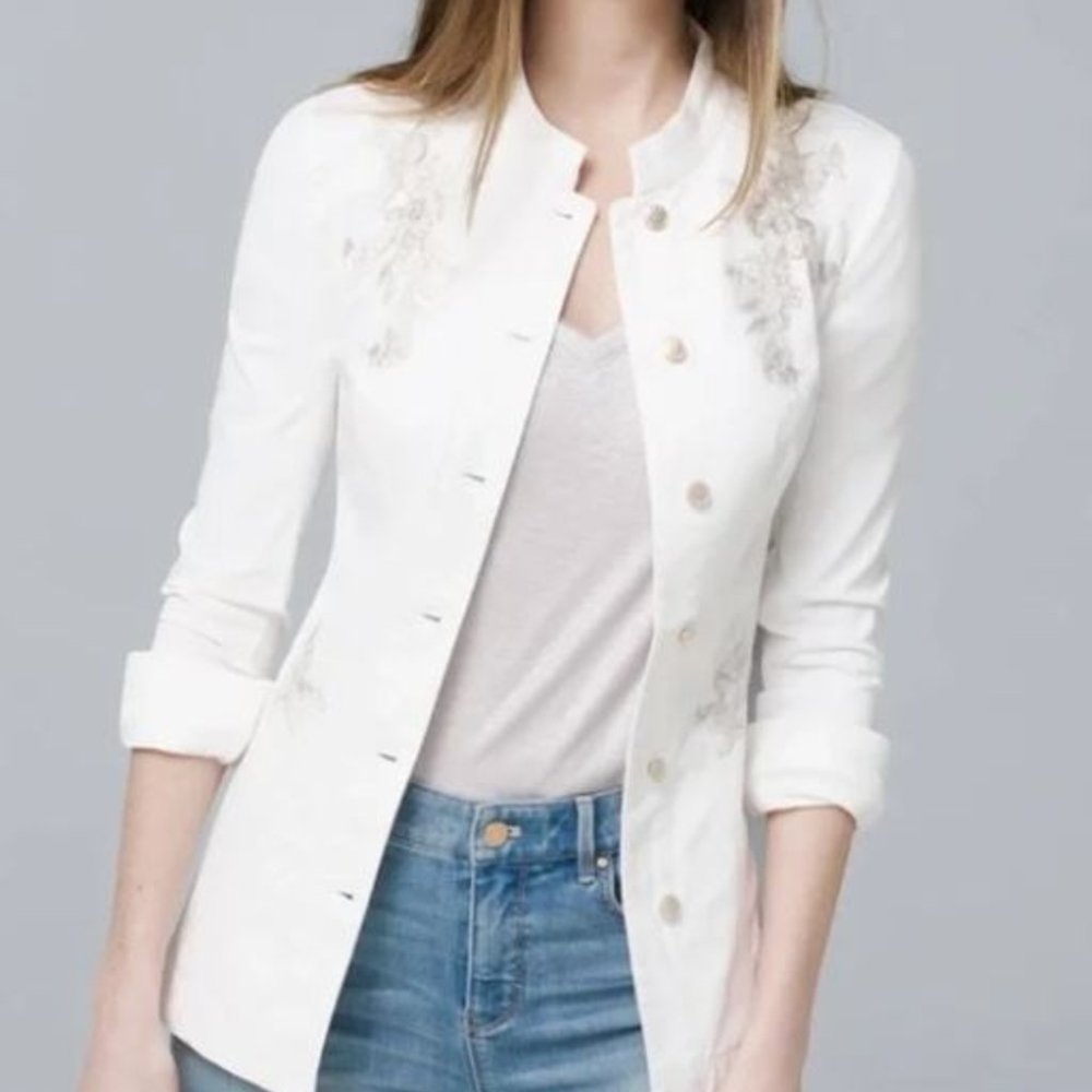 White House Black Market White Field Jacket with Silver Embroidery Size 6